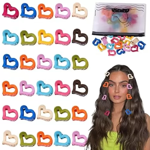 AUDTOPE 30 Pack Small Hair Clips for Women, Colorful Claw Clips for Thick Thin Hair Plastic Hair Clips Heart Hair Claw Clips Non Slip Strong Hold Cute Hair Accessories for Women Girls, Heart