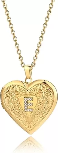 Badu Gold Initial A-Z Necklace for Women Heart Photo Lockets that Hold Picture Love Image Cubic Zirconia Necklace