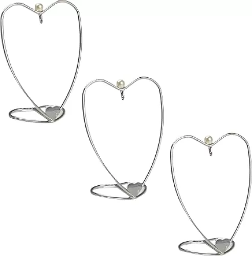 BANBERRY DESIGNS Heart Shaped Ornament Stands - Set of 3 - Silver Heart Shaped Hangers - 4" H with a 2 3/4" Hanging Height - 2.75" W