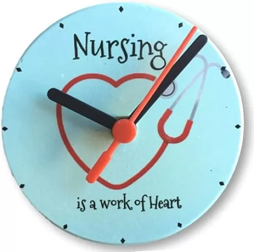 BANBERRY DESIGNS Nurse Desktop Clock - Blue with Red Heart Stethoscope - Reads Nursing is a Work of Heart - 4.25" D