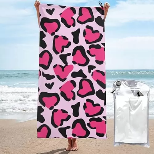 Beach Towel Leopard Print Pink Heart Microfiber Beach Towels Quick Dry Sand Free Oversized Towels Soft Compact Absorbent Lightweight Pool Towel for Travel Swimming Yoga Gym 27.5 x 55 Inch