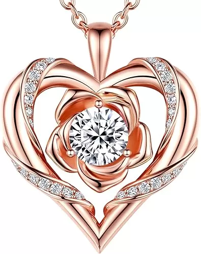 Beam & Bask Rose Flower Heart Moissanite Necklaces for Wife, S925 Silver Pendant for Women, 18K Gold Plated Jewelry for Her Girlfriend Mom for Anniversary Birthday