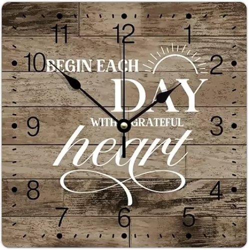 Begin Each Day with A Grateful Heart PVC Clock Spiritual Christian Quote Square Hanging Wall Clock 10in Silent Non-Ticking Funny PVC Wall Clock Decor for Living Room Bathroom Bedroom