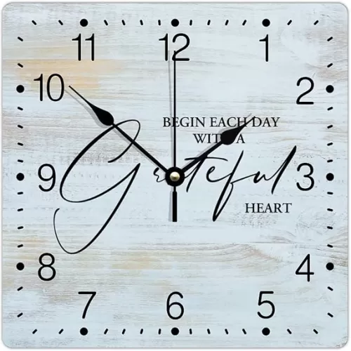Begin Each Day with A Grateful Heart PVC Wall Clock Motivational Sayings Lettering Square Large Wall Clock 12in Silent Non-Ticking Novelty Hanging Wall Clock Decor for Home