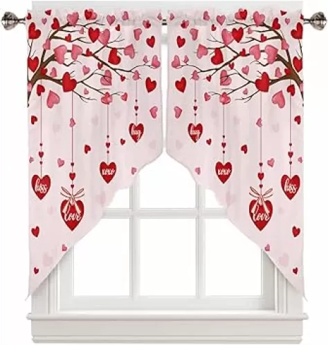 BEMIGO Pink Love Heart Swag Valances Kitchen Decor Curtain Valentine Branches Rod Pocket Thermal Insulated&Washable Window Curtains for Kitchen Bedroom Valances for Windows 2 Panel, 28x36inch