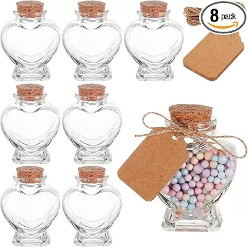 BENECREAT 8PCS 60ml Heart Shaped Glass Favor Jars with Cork Lids, Label Tags and String for Candy, Snacks Storage and Home Party Decortaion