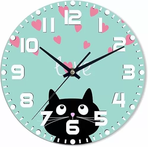 Black Cat Wall Clock Pink Heart and Cute Cartoon Cat Battery Powered Wall Clock Silent Non Ticking 10 Inch for Living Room, Kitchen, Home, Bathroom, Bedroom