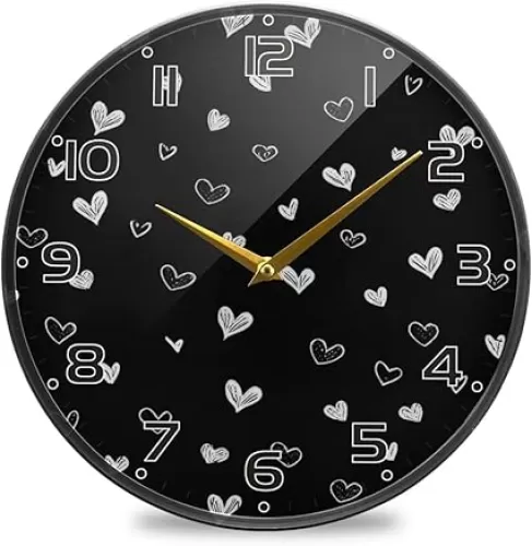 Black White Heart Valentine's Day Wall Clock Round Silent Non Ticking Battery Operated Accurate Arabic Numerals Design Clocks for Home Kitchen Living Room Bedroom 9.5inch