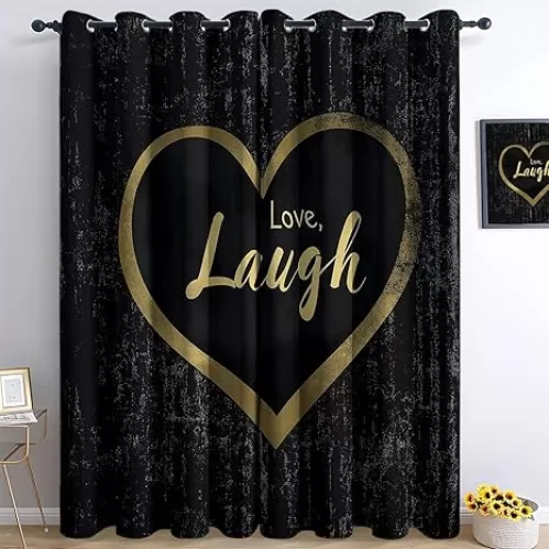 Blackout Curtains for Living Room, Room Darkening Grommet Thermal Insulated Curtains for Child Bedroom, Light Blocking Drapes with Heart Shape Black and Gold Pattern, 42" W x 63" L, 2 Panels