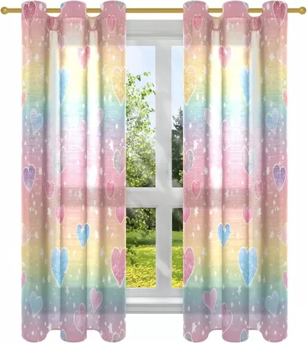 Blackout Curtains Long 2 Panels Pastel Rainbow Glitter with Love Heart Pattern Window Curtain for Bedroom Living Room