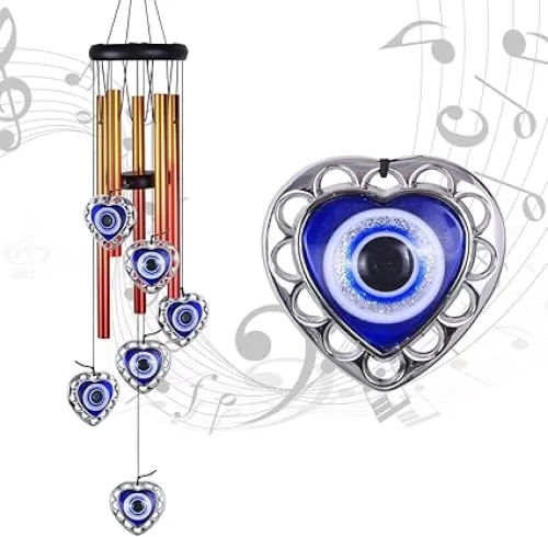 Blue Evil Eye Heart-Shaped Wind Chimes Outdoor Decor, Heart - Evil Eye Wind Bells, Mobile Evil Eye Windcatcher, Blue Evil Eye Amulet Wind Chimes for Home, Gifts for Mom, Balcony, Patio, Garden Decoration