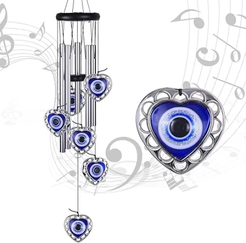 Blue Evil Eye Heart-Shaped Wind Chimes Outdoor Decor, Mobile Evil Eye Windcatcher, Heart Evil Eye Wind Bells, Blue Evil Eye Amulet Wind Chimes for Home, Gift for Mom, Balcony, Patio, Garden Decoration