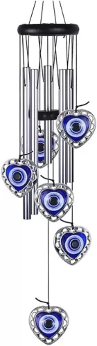 Blue Evil Eye Heart Wind Chimes, Metal Tubes Hanging Ornaments, Car Outdoor Garden Decor (Heart)