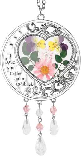 BOGDAN I Love You Mom Suncatcher with Pressed Flower Mother's Day Heart Shape Stained Glass Wind Chime Ornament Charm with Metal Heart Gifts for Mother Grandma Aunt Friend Birthday