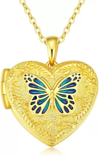 Butterfly Locket Necklace That Holds 2 Pictures 925 Sterling Silver 10K 14K 18k Real Gold Heart Locket Necklace Photo Jewelry Gifts for Women Mother Mom Wife Mother