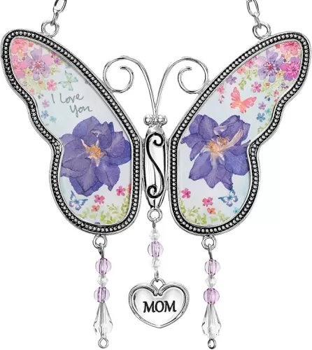 Butterfly Suncatcher with Pressed Flower Wings, Butterfly-Shaped Glass Wind Chimes with Real Flowers, Mother Heart Charm Wind Chime Gifts for Grandma Mother's Day