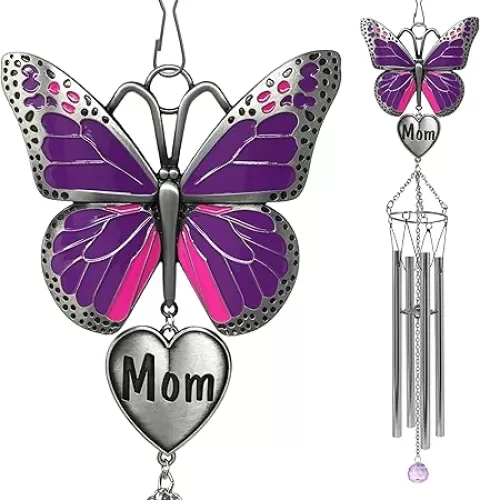 Butterfly Wind Chime for Mother - Purple Butterfly Windchime with Engraved Mom Heart - Spring Patio Decor - 20" Long
