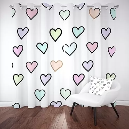 Cartoon Heart Curtain 42 x 54 inch, 2 Panel Set, Watercolor Love Heart Drapes for Bedroom, Black Out Curtains 54 Inch Long, Minimalist Style White Curtains, Home Decor, Blackout Curtain
