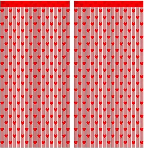 CCINEE 2pcs Heart Foil Fringe Curtain, 3.3x6.6 Ft Red Lace Hearts String Backdrop Curtains for Window Door Bathroom Decorations