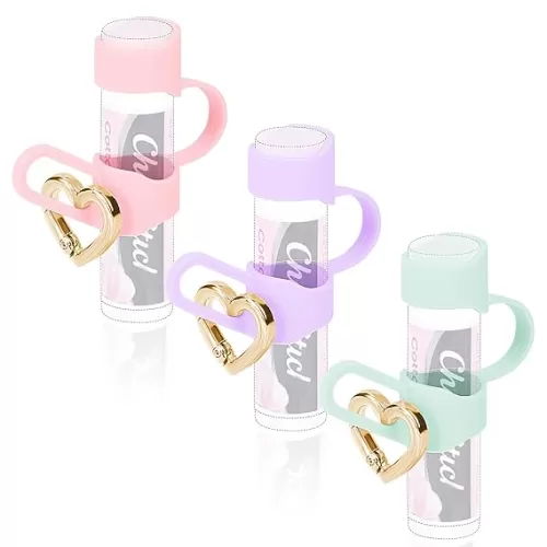 Chapstick Holder Key Chain, Silicone Lip Balm Holder with Cap Cover, Sleeve Lip Balm Holder Key Chain with Heart-shaped Key Ring(Pink Purple Green)
