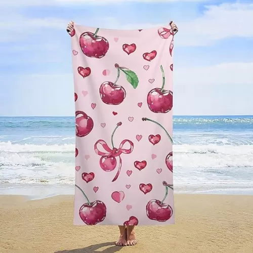 Cherry and Heart Shape Beach Towel 31"X63" Oversized Beach Towels Lightweight Sand Free Pool Towel Quick Dry Absorbent Bath Towels Vacation Essentials for Women