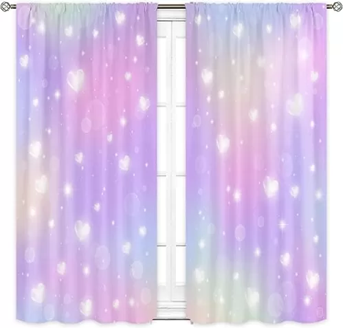 Cinbloo Ombre Purple Curtains 42Wx63H Inch Rod Pocket Baby Girls Pastel Pink Blush Love Hearts Colorful Aesthetic Art Printed Girly Princess Living Room Bedroom Window Drapes Treatment Fabric 2 Panels