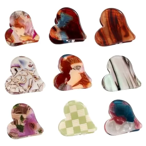 clino Heart-Shaped Hair Clip, 9 PCS Cute Small Hair Clips Mini Claw Clips with Heart Leopard Design, Fashion Hair Accessories for Women Girls