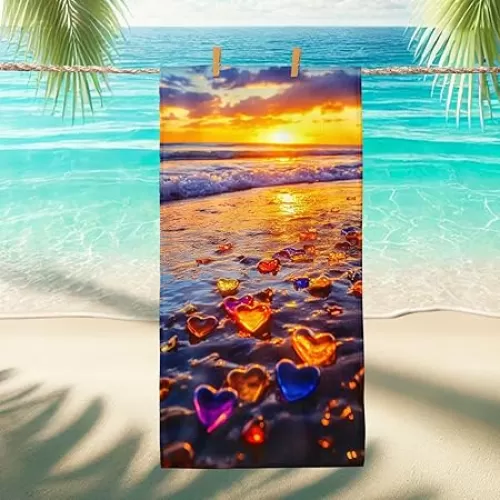 Colorful Heart Shaped Beach Towel Sunset Ocean Design Quick Dry Absorbent Sand Free Lightweight Travel Blanket, Summer Picnic Essentials 70x35 Inch