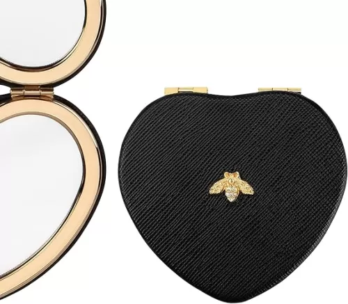 Compact Mirrors, Leather Folding Travel Mirrors, Bee Double Sided Handheld Mirrors, Portable Heart Shape Makeup Mirrors Gift for Girls Women Mothers