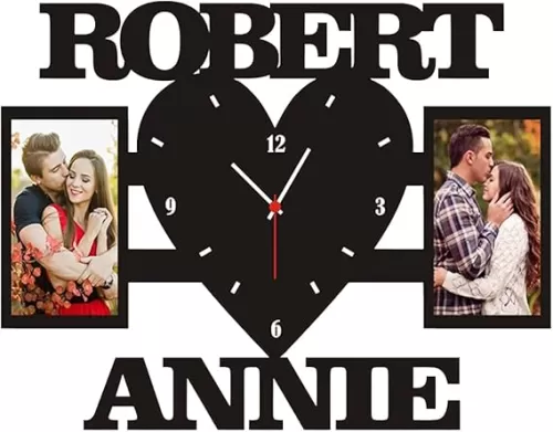 Couple Photo Frame Wall Clock Personalized Photo Name Living Room Bedroom Wall Hanging Collage Family Photo Wood Clock Gift for Valentine