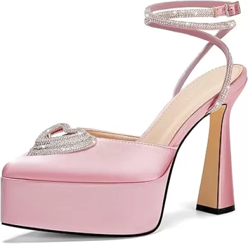 Coutgo Womens Platform High Chunky Heels Rhinestone Triple Heart Pointed Toe Ankle Strap Party Wedding Dress Pumps Shoes