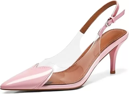 Coutgo Womens Slingback Kitten Heels Heart Clear Pumps Low Heel Pointed Closed Toe Party Wedding Dress Shoes