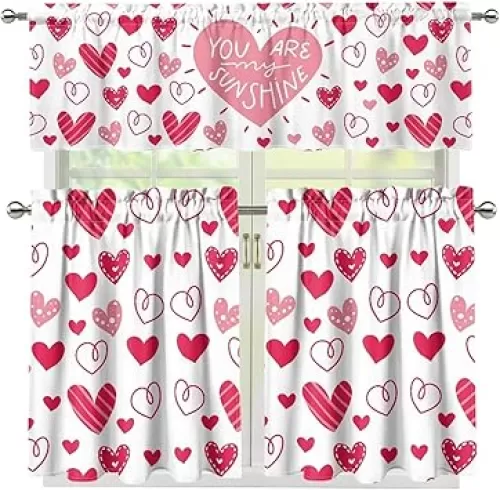 Cozeyat Pink Heart 3PC Blackout Window Curtain Set 2 Tier +1 Valance for Kitchen, Living Room, Thermal Insulated, Room Darkening, Rod Pocket Top Panel Drape