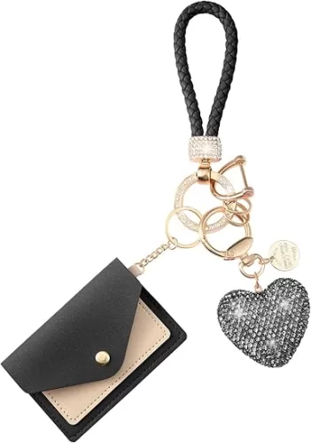 Crystal Car Keychain for Women, Luxury Bling Rhinestone Heart Shape Keychains with Leather Card Holder