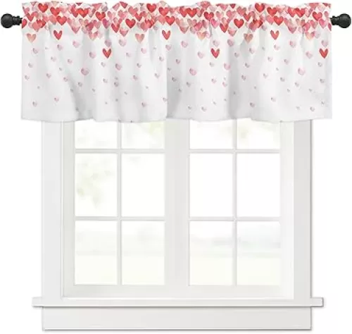 Curtain Valance 42" x 12", Love Heart Valentines Day Window Valances Rod Pocket Curtains Drapes, Red Pink Ombre Love Heart Short Topper Curtain for Kitchen Cafe Living Room, 1 Panel