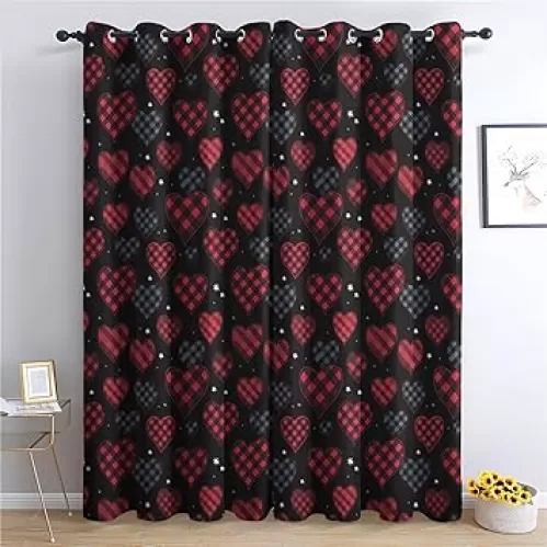 Curtains Heart Blackout Curtains for Bedroom Living Room - Red and Black Curtains 54 Inch Length 2 Panels Set - Patterned Window Treatments - Grommet Drapes - Home Decor (D&-2703)