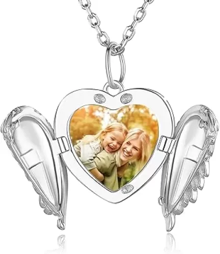 Custom Pictures Locket Necklace for Women, Personalized Engraved Sunflower/Angel Wings/Heart Shaped Memorial Lockets that Holds Pictures, Customized Jewelry Gift for Women Wife