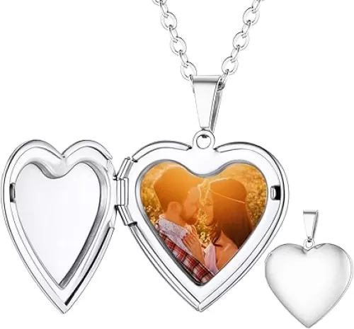 Custom4U Personalized Heart Locket Necklace with Pictures, Sunflower/Angel Wings/Heart Shaped Lockets Custom Photo, Gold/Rose Gold/White Lockets That Holds Picture, Customized Memorial Jewelry for Women