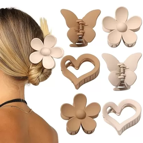 Cute Matte Large Hair Claw Clips for Women - 6 Pcs Thick and Thin Hair Clamps in Butterfly, Flower, and Heart Designs (Light Coffee/Light Brown)