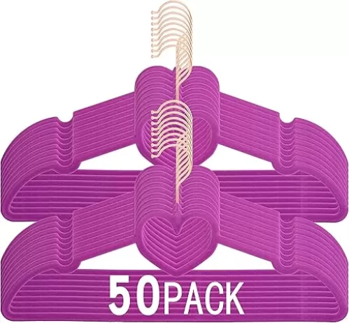 Dark Purple Velvet Hangers 50 Pack, Premium Clothes Hanger Non-Slip Felt Hangers, 360° Swivel Rose Gold Hooks, Space Saving Slim Hangars, Durable & Cute Velvet Heart Hangers for Adult
