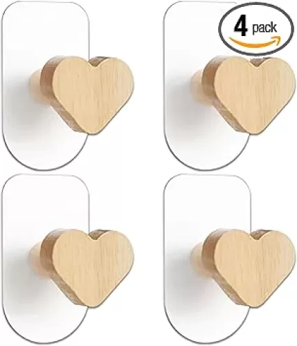 Decorative Wooden Hooks for Kids Rooms, Natural Beech, self-Adhesive Without Drilling, 4-Pack (Heart)