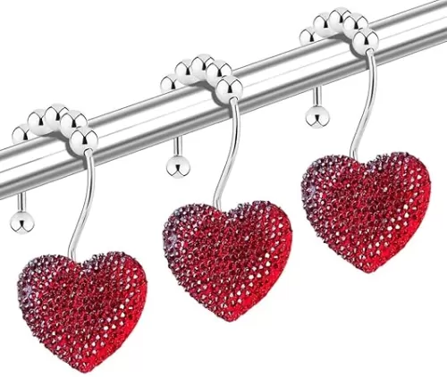 Diamond Shower Curtain Hooks, 12-Pack Heart Shaped Crystal Shower Rings, Acrylic Decorative Bathroom Hangers, Red Bling Fancy Valentine's Day