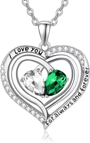 Double Heart Necklace for Mother，925 Sterling Silver 2 Birthstones Jewelry I Love You Always and Forever Necklace Heart Pendant，Mother's Day Birthday Gifts for Women