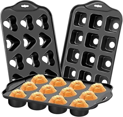 Dualshine 3Pack Mini Cheesecake Pans Removable Bottom, Mini Cupcake Pans 12 Hole Mini Muffin Pan Nonstick Carbon Steel Round, Square, Heart-Shaped Mini Muffin Tin for Pancakes, Mini Cheesecakes