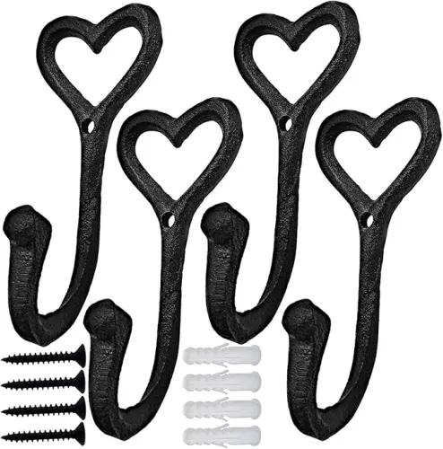 Ebliiny Decorative Wall Hooks Coat Towel Hook, 4 Pcs Key Bag Hanger Coat Hooks Cast Iron Vintage Holder Love Heart Shape Home Decor, Bath Kitchen Garage Hanging Scarf Cap Cup Hat