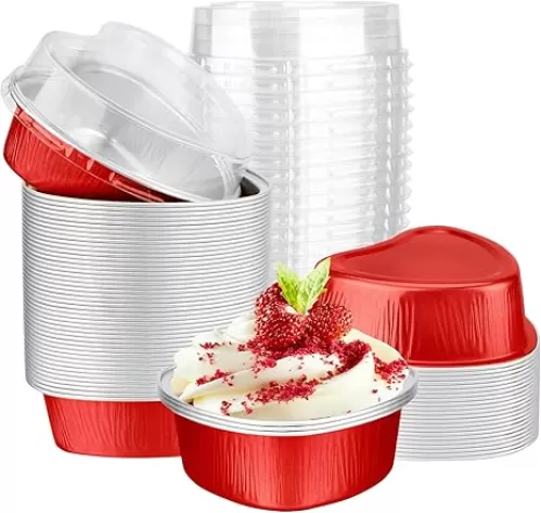 EUSOAR Mini Heart Shaped Cake Pans, 3.4oz 50pcs Red Aluminum Foil Baking Cups with Lids, Desserts Cupcake Ramekins Flan Muffin Liners, Creme Brulee Souffle Cake Cups for Wedding Birthday Party Favor