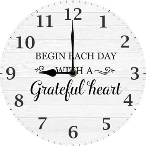 Family Wall Clock, Begin Each Day with A Grateful Heart Inspirational Quote Clock for Bedroom Bathroom Kitchen Dining Room, 10 Inch Silent Non Ticking Battery Operated Easy to Read