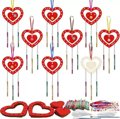 Fennoral 9 Pack Heart Wind Chime Kit for Kids Make You Own Double-Sided Heart Wind Chimes Mother's Day Wooden Ornaments for Kids Art and Craft Party Decoration