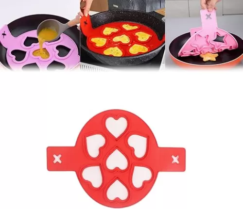 Flip and Cook Pancake Maker, Flip Cooker Pancakes Mold, Flip N Cook Silicone Pancake Mold, Flip and Cook Silicone Pancake Maker, Silicone Pancake Molds Fried Egg Mold Reusable (Red heart shape)
