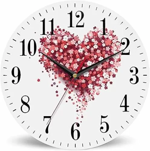 Floral Love Heart Wall Clock Beautiful Romantic Red Pink Rose Peony Flower Petal 10 Inch Silent Non Ticking Battery Operated Clock Vintage Round Clock for Living Room Bedroom Bathroom Decor